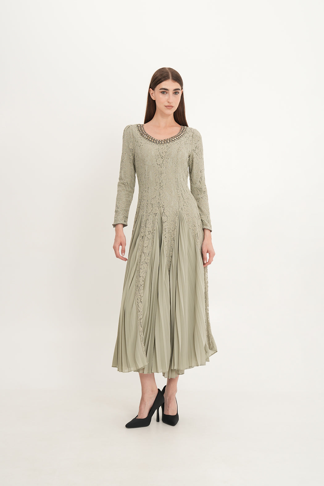 Elegant Lace & Pleated Chiffon Gown with Crystal Neckline