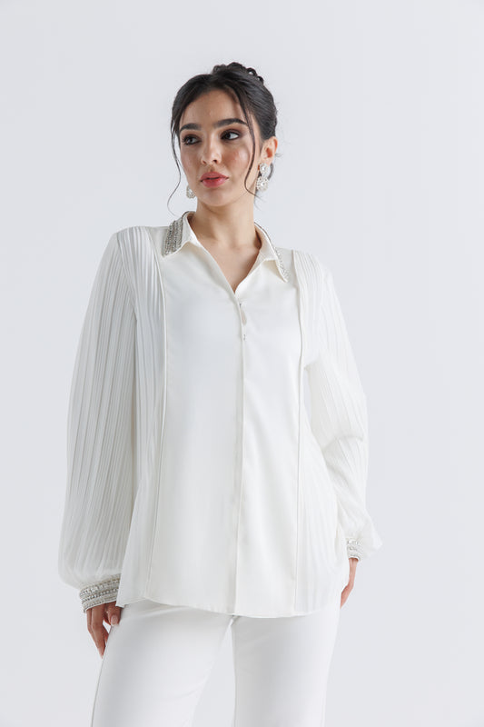 Elegance Redefined: Embellished Pleated Sleeve Shirt