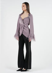 Embellished Feather Cuff Blouse with Lace-Up Back