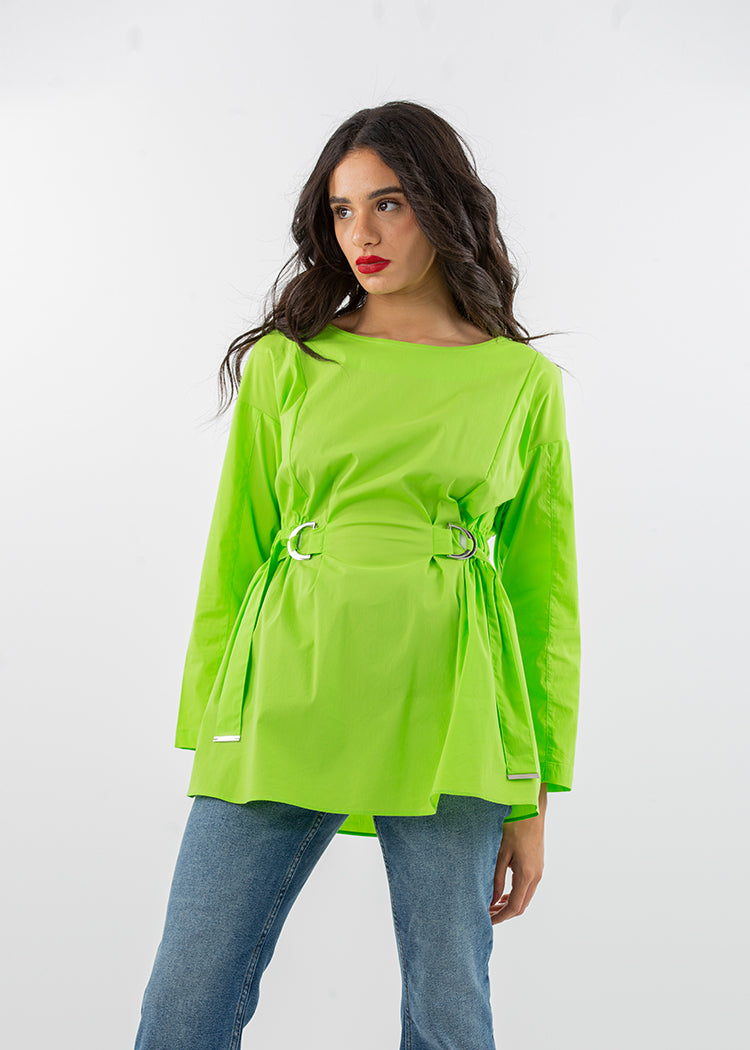 2205092-Buckle with Drawstring Waist Blouse