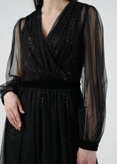 Elegant Sheer Long Dress with Sequins and Velvet Accents