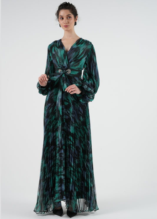 Elegant Pleated Maxi Dress with Crystal Embellished Belt