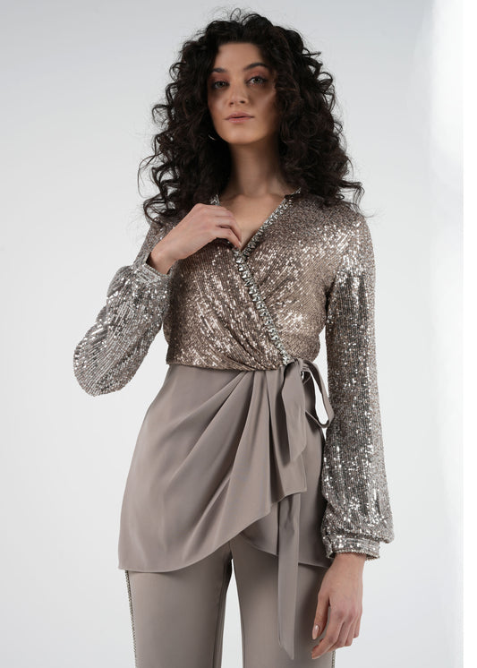 Wrap-Style Sequined Top with Embellished Details