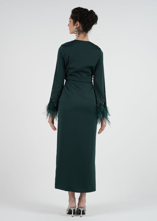 Elegant Feather Cuff Maxi Dress with Crystal Embellishments