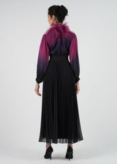 Feather-Embellished Ombre Pleated Maxi Dress