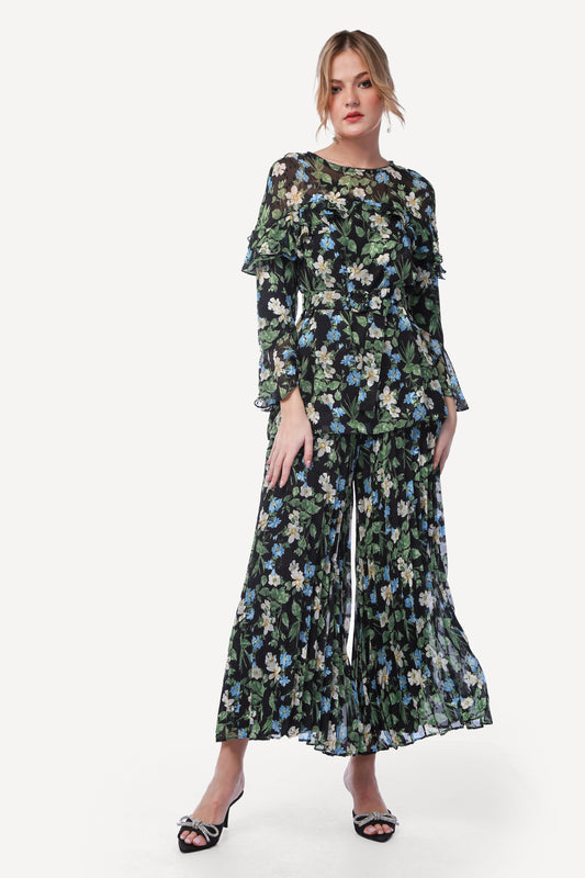 2304007- Floral Wide Leg Pants - Montania Shop